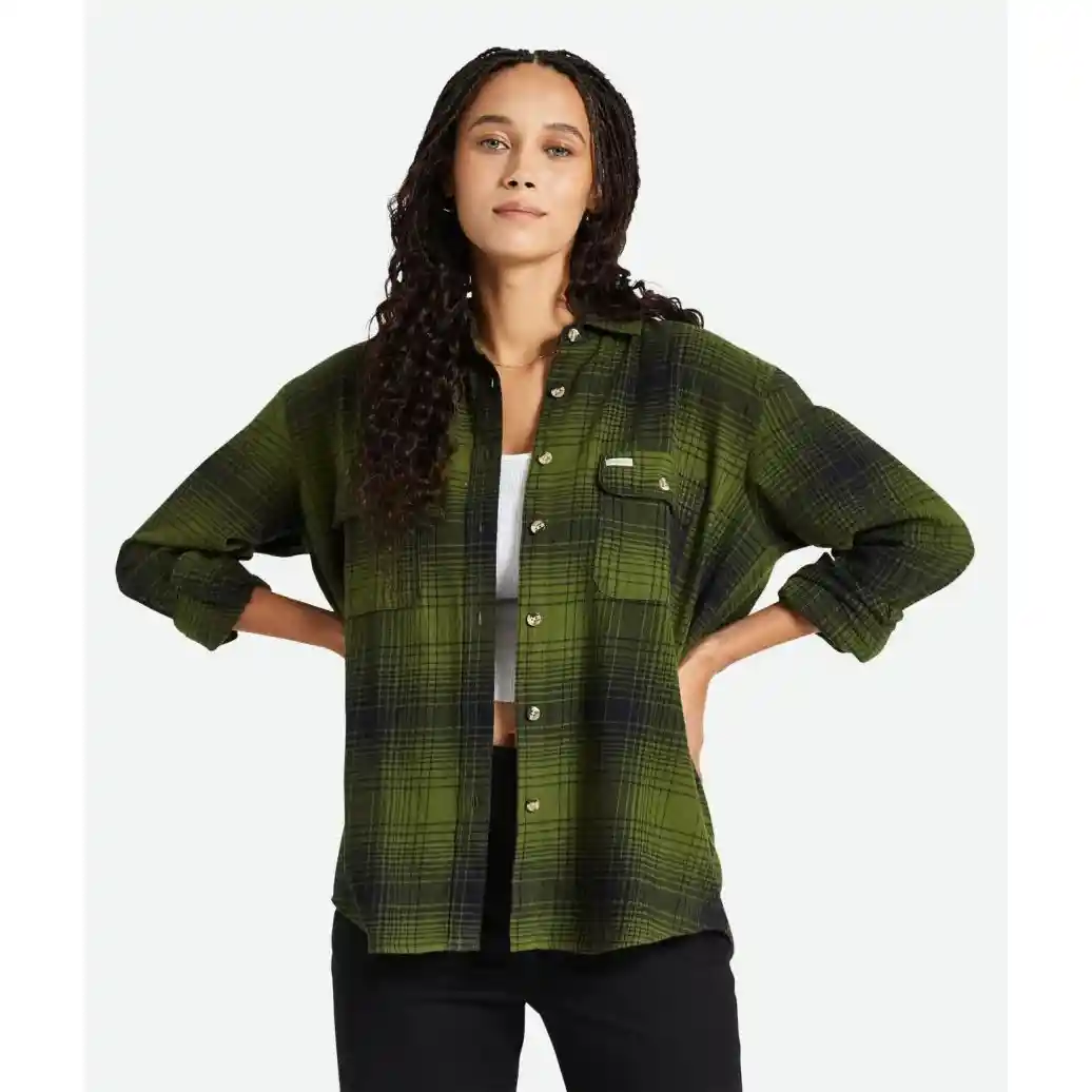 Brixton Womens Bowery Boyfriend Flannel, chive/black - Image 2