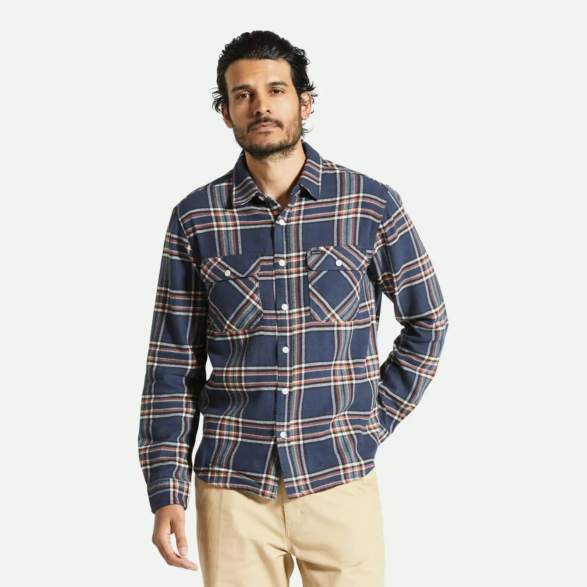 Brixton Bowery Flannel Shirt, washed navy/off white/terracot - Image 2