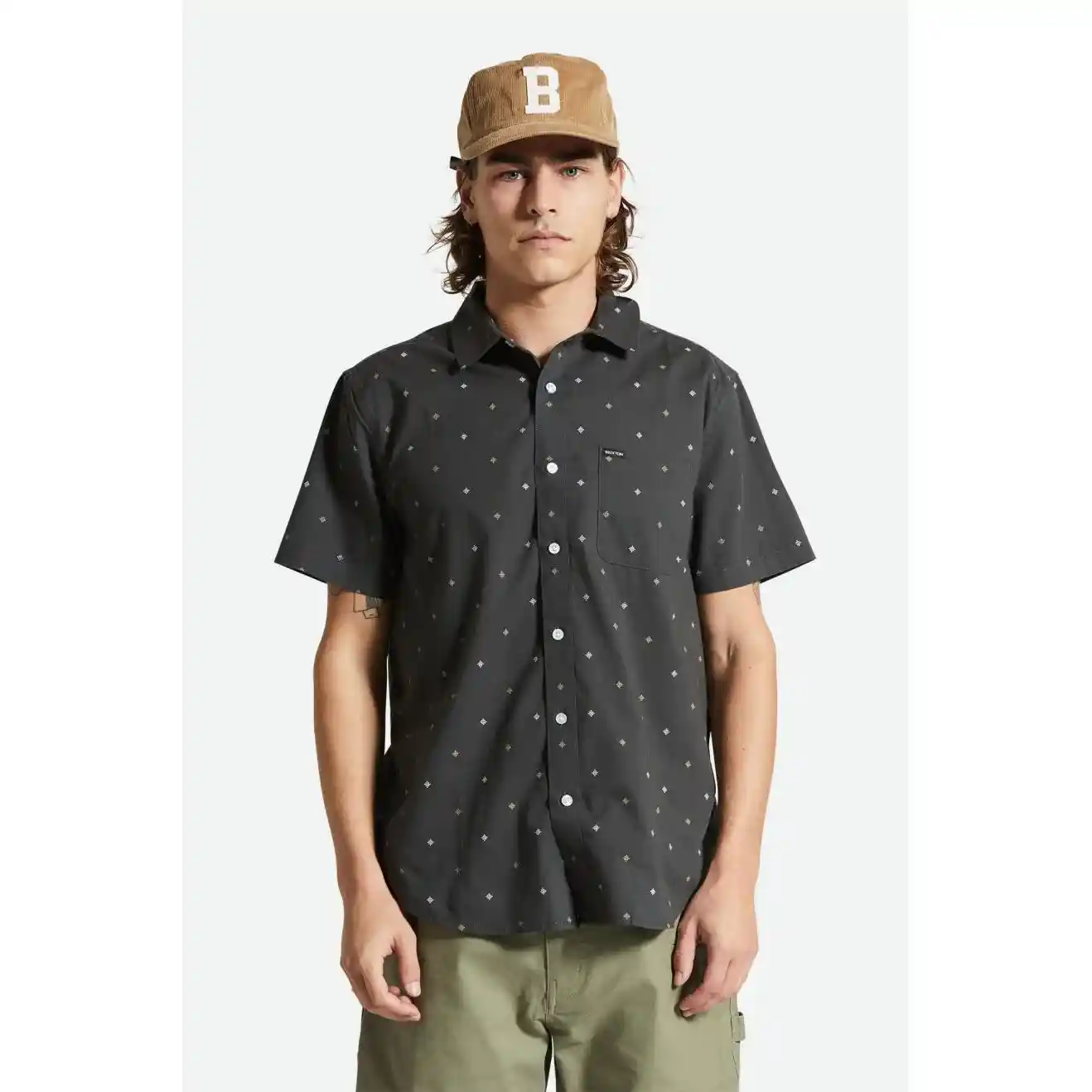Brixton Charter Print Short Sleeve Woven Shirt, washed black pyramid - Image 2