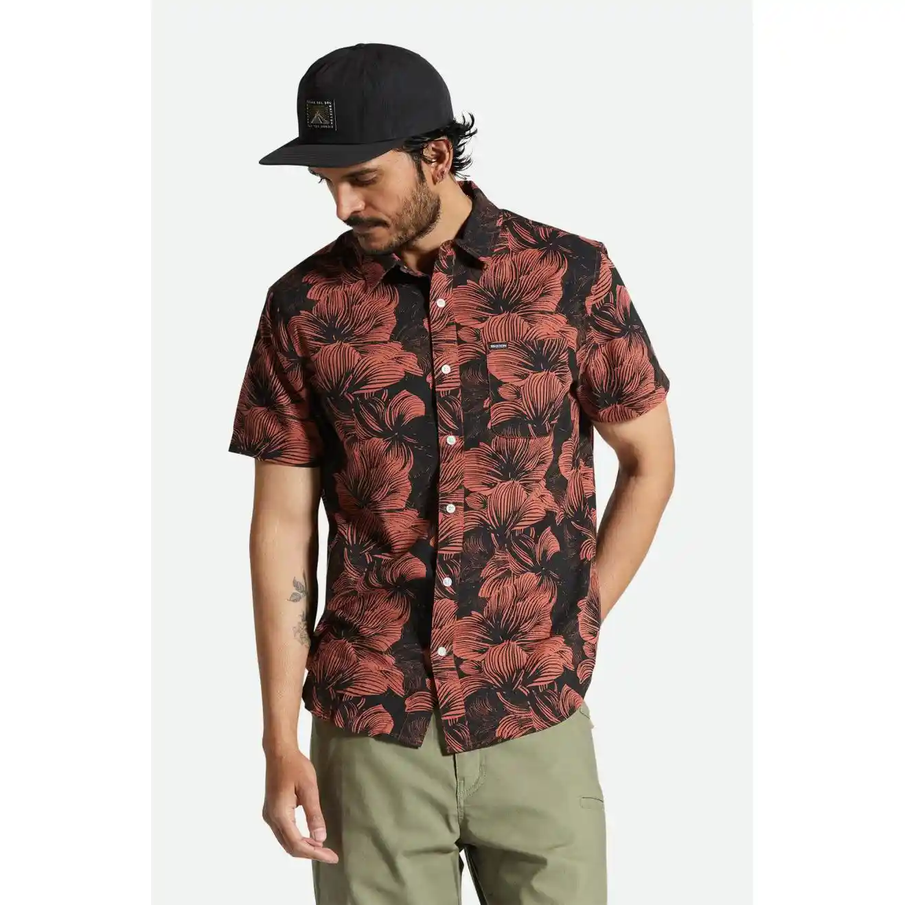 Brixton Charter Print Short Sleeve Woven Shirt, washed black/terracotta floral - Image 2