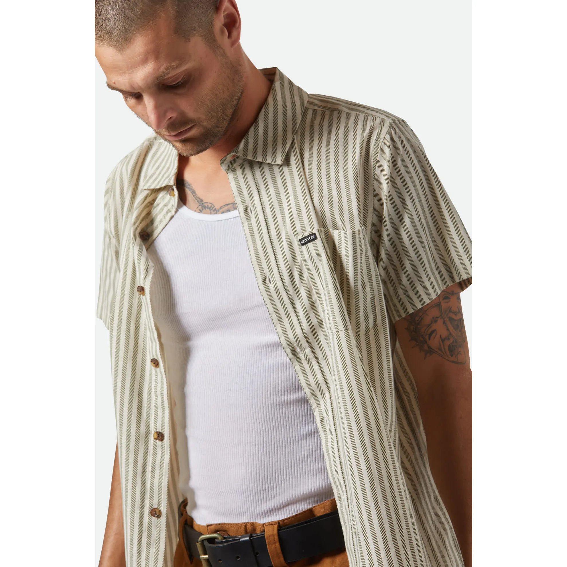 Brixton Charter Print Short Sleeve Woven, whitecap/ivy green stripe - Image 3