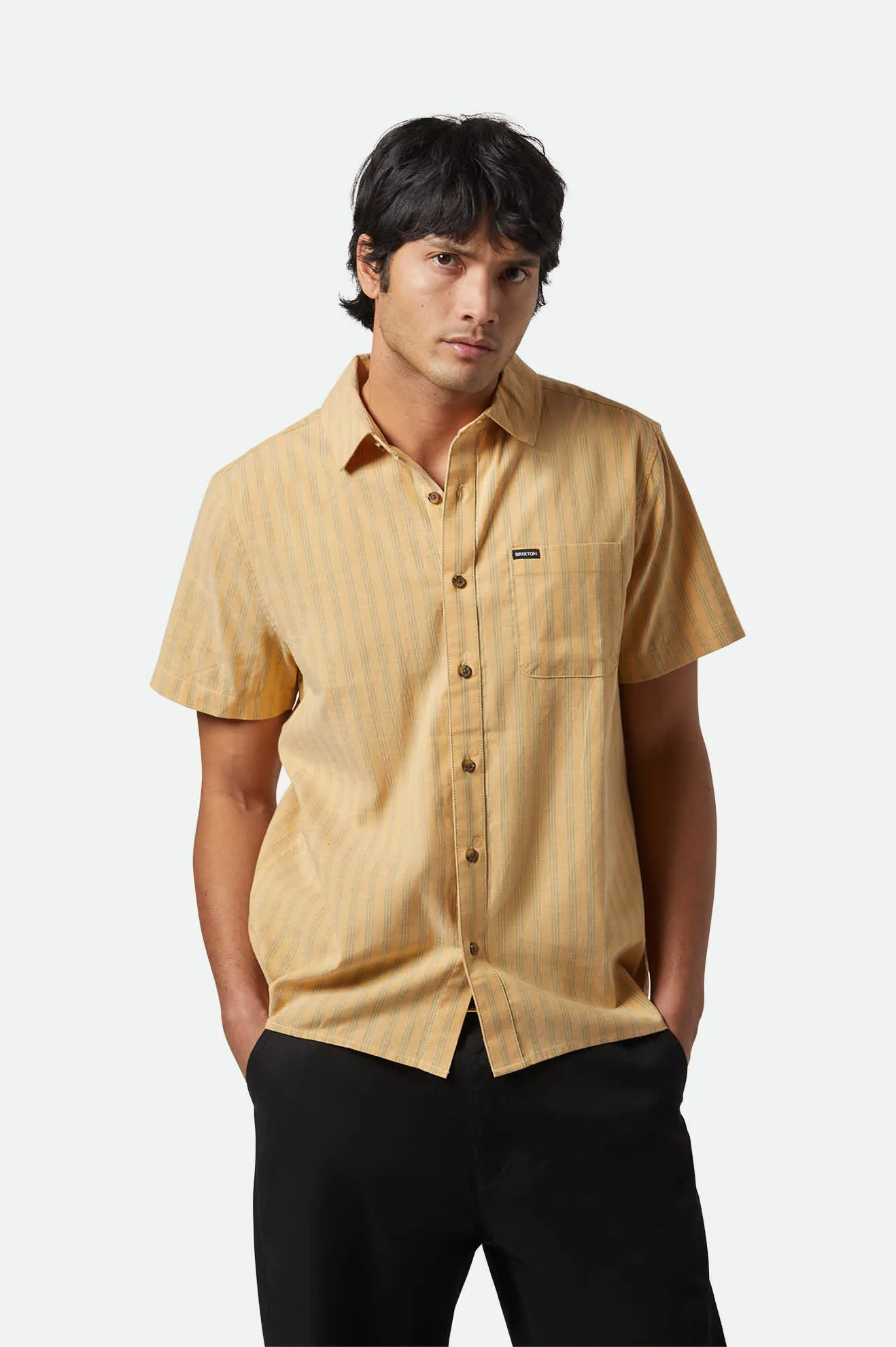 Brixton Cru Oxford Stripe Short Sleveed Woven Shirt, curry/ivy green stripe - Image 2