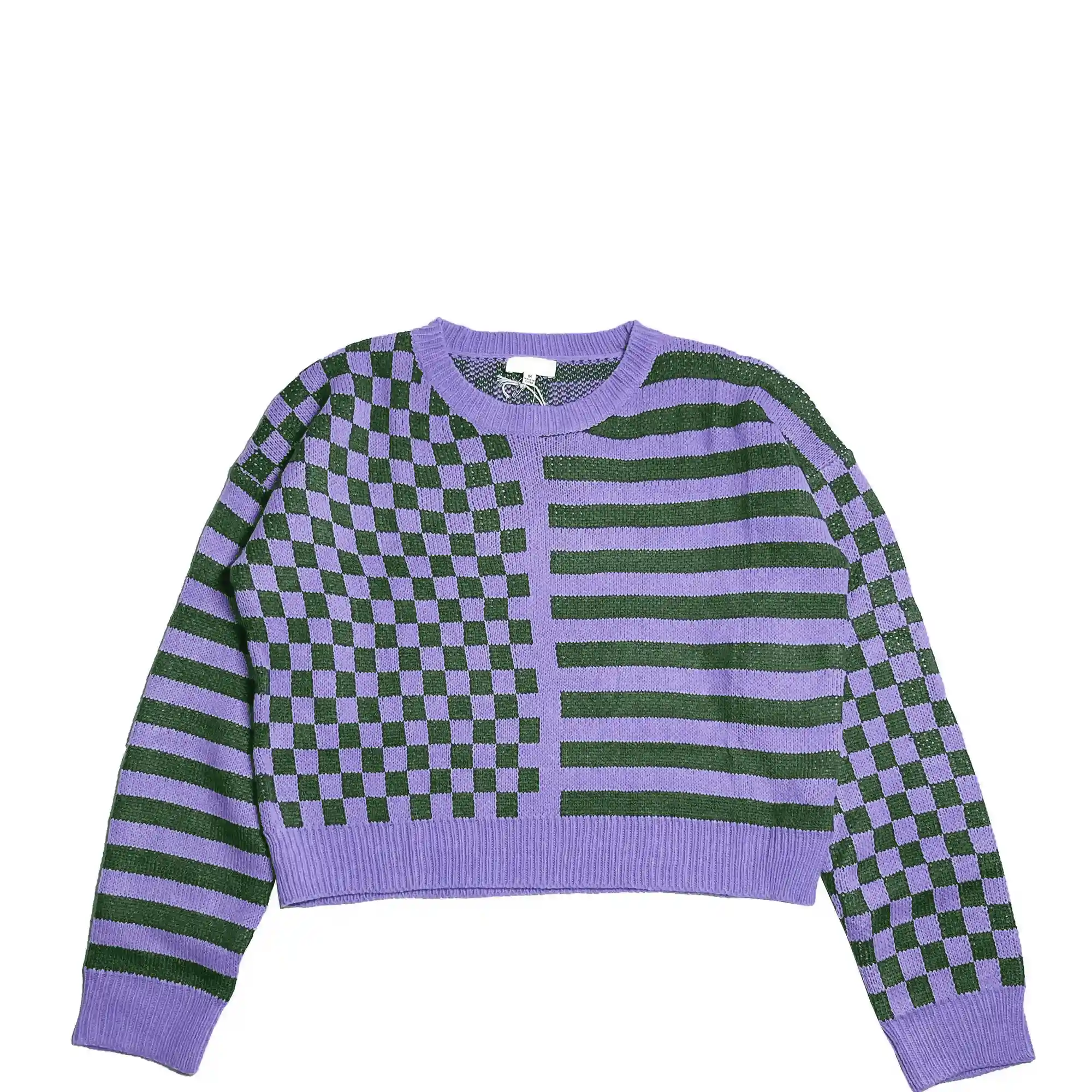 Womens Checkers And Stripes Knit Sweater