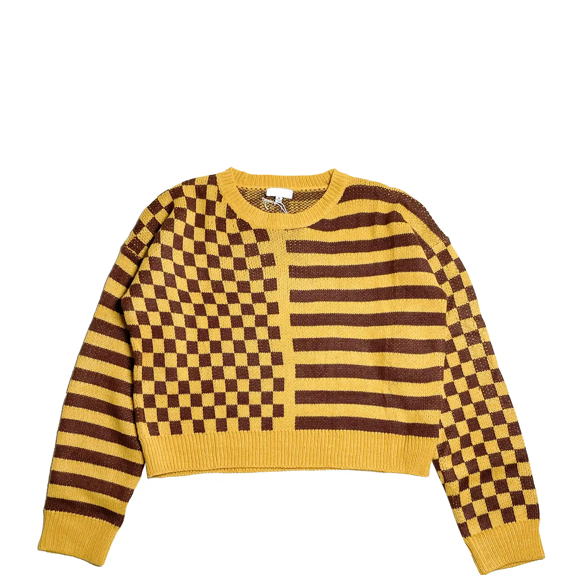 Womens Checkers And Stripes Knit Sweater