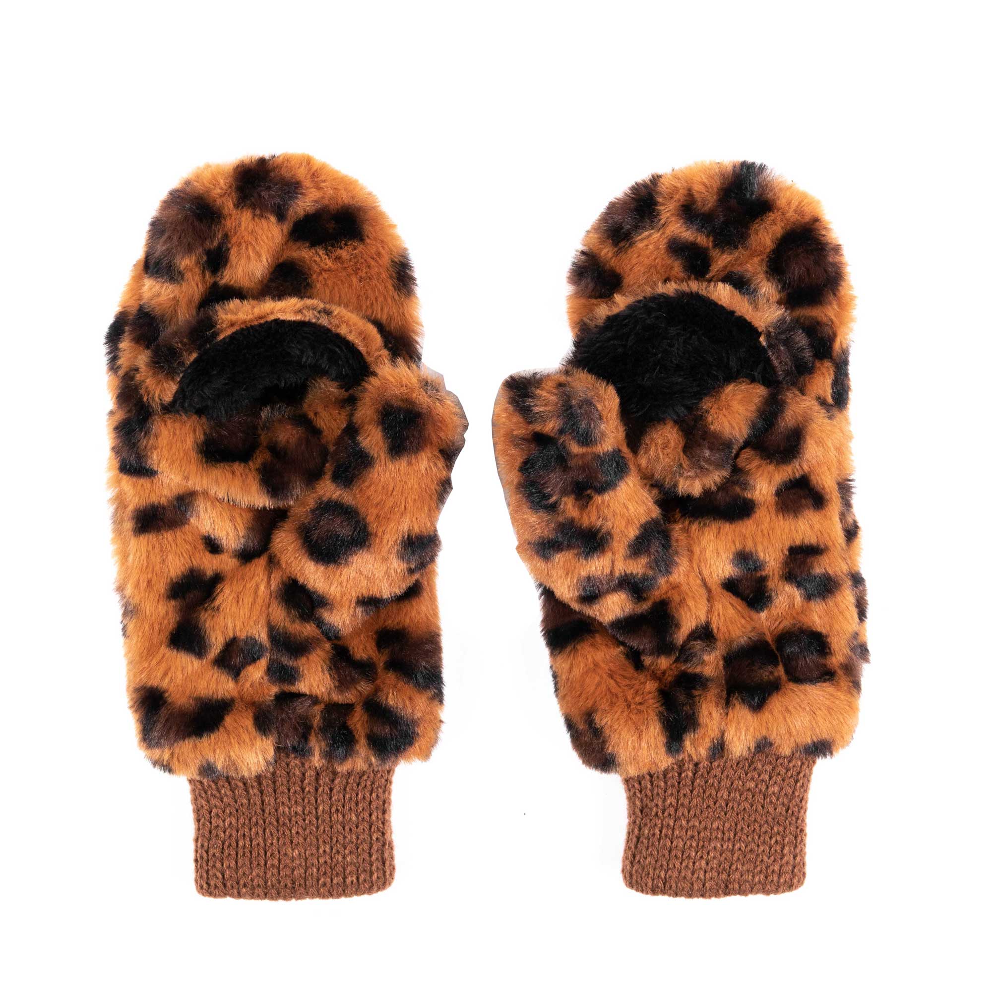 Hume Womens Leopard Print Faux Fur Mittens, brown - Image 2