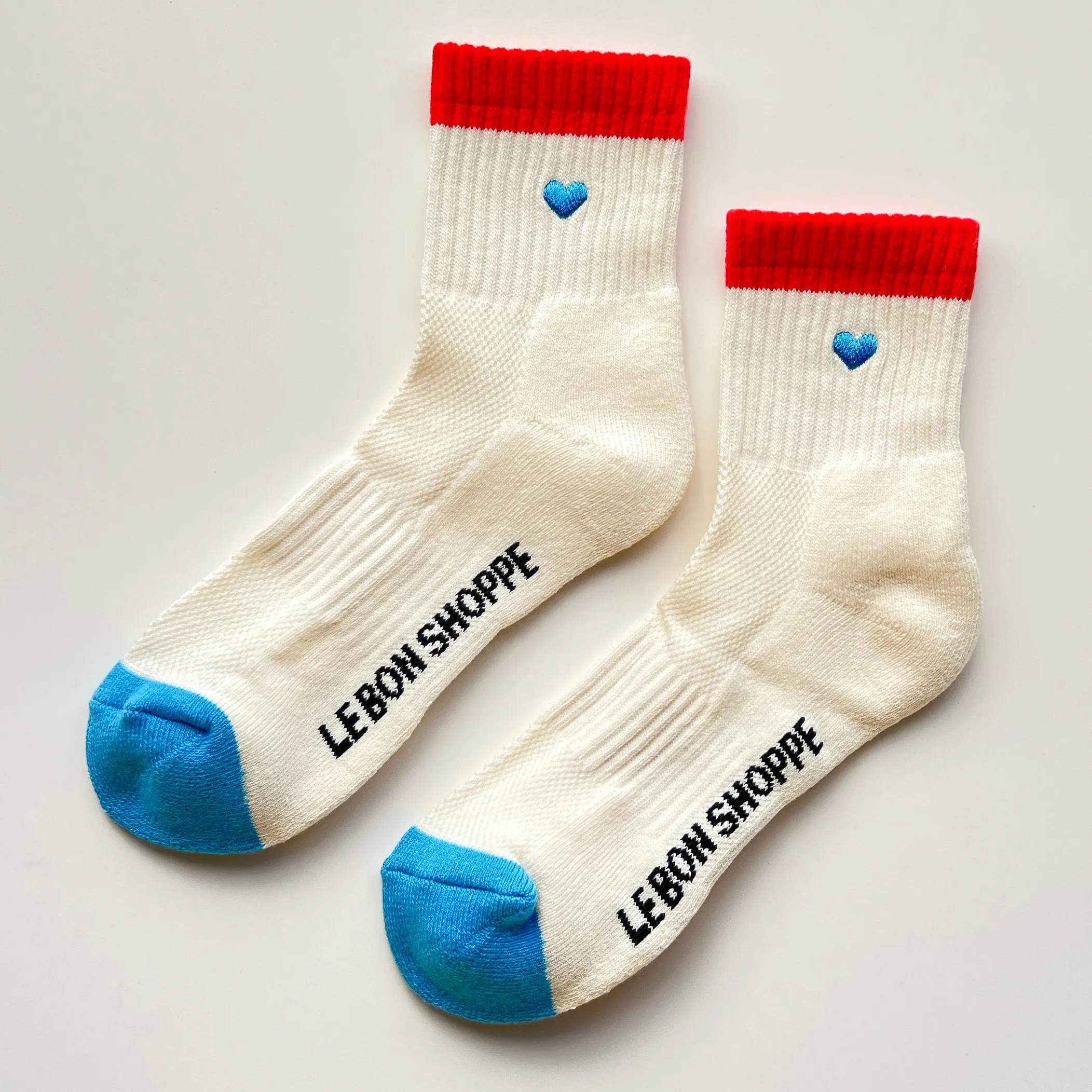 Le Bon Shoppe Embroidered Color Block Girlfriend Socks, blue red + heart - Image 2