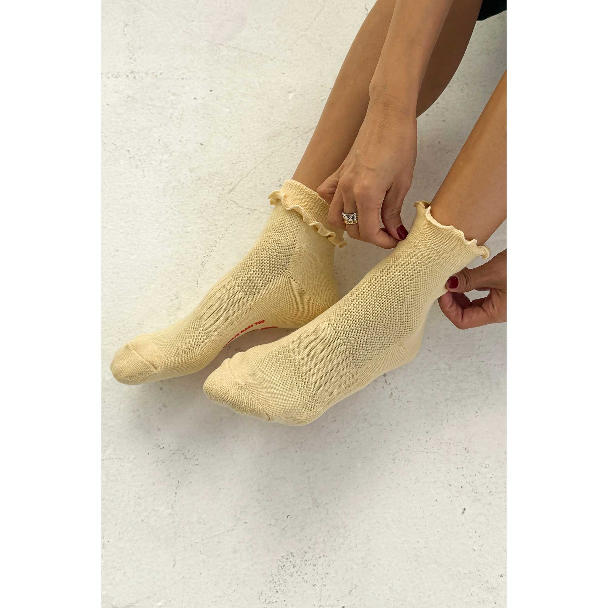 Le Bon Shoppe Ruffled Hugger Crew Socks, banana cream / red