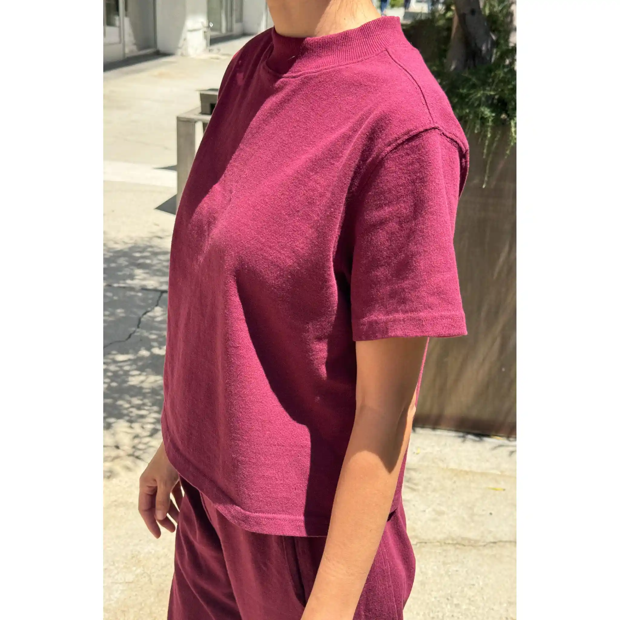 Le Bon Shoppe Womens Sunset Mock Neck Tee, cabernet - Image 3