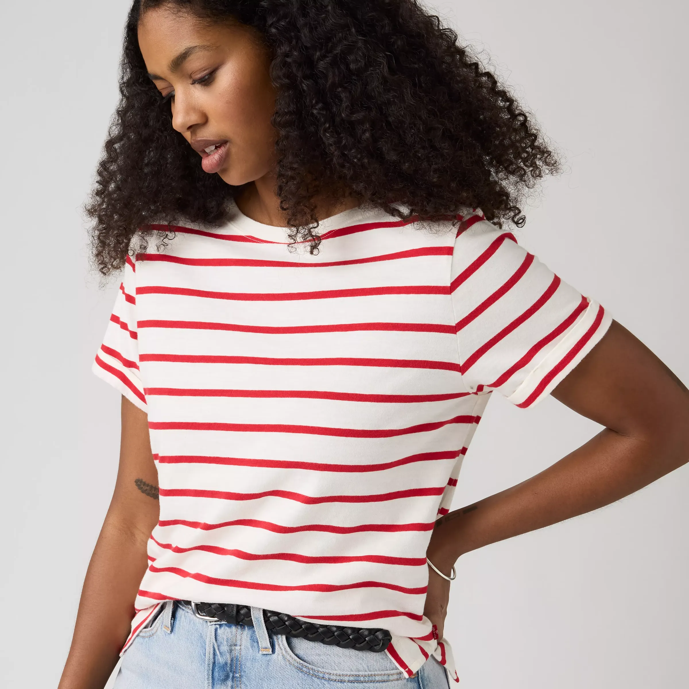 Levi's Womens Julie Slub Tee, saint stripe egret urban red