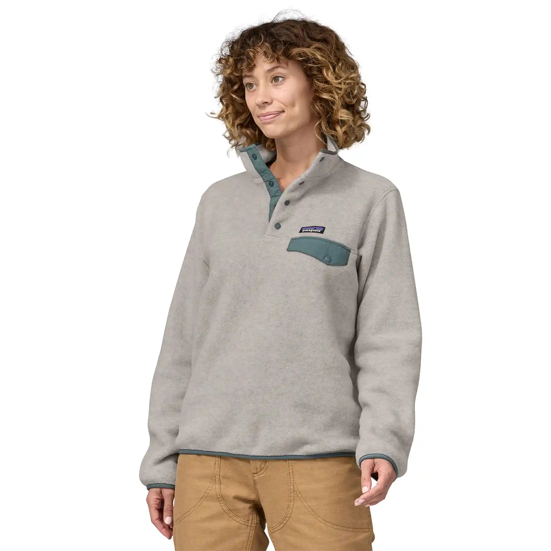 Patagonia Womens Lightweight Synchilla Snap-T Pullover, oatmeal heather w/nouveau green - Image 2