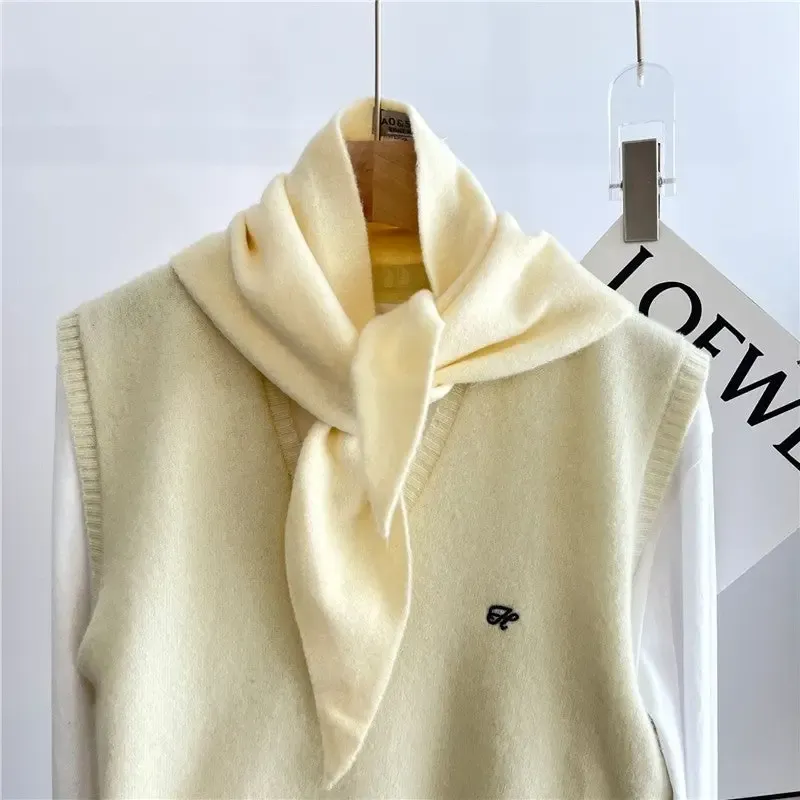 Pure Color Wool Blend Knit Triangle Scarf, cream