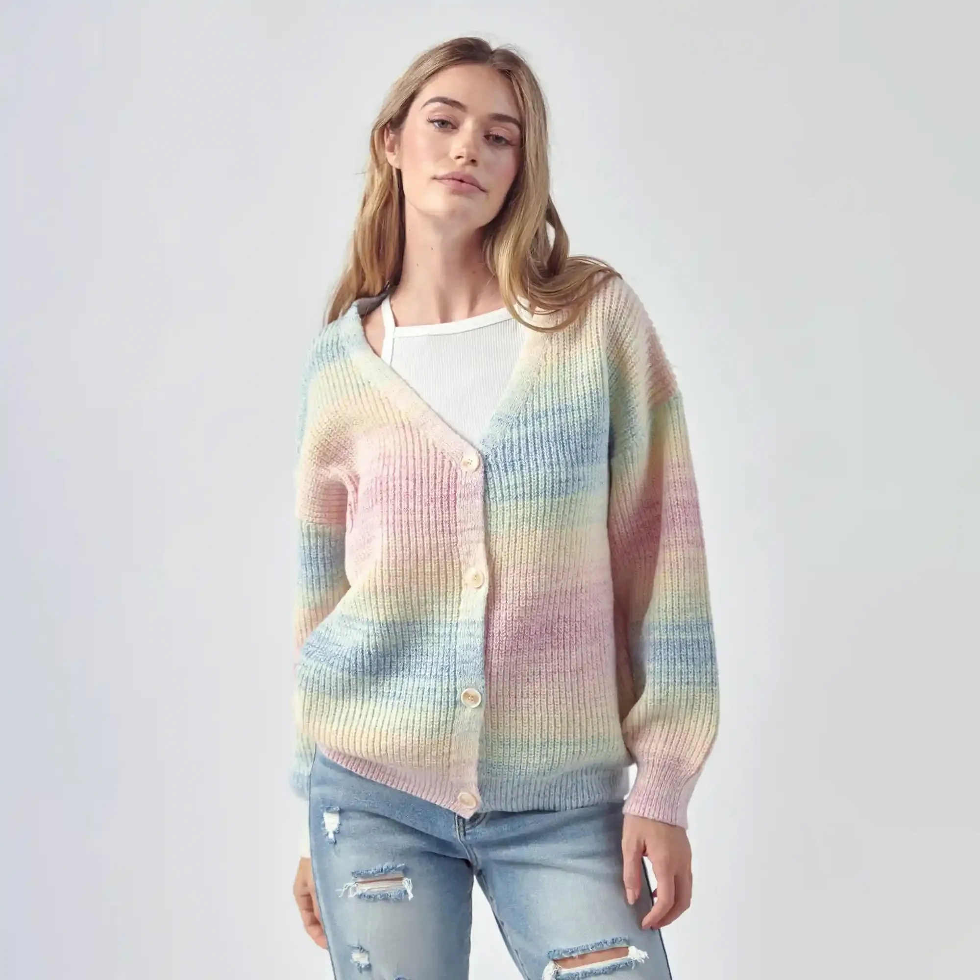 Womens Rainbow Button Down Cardigan