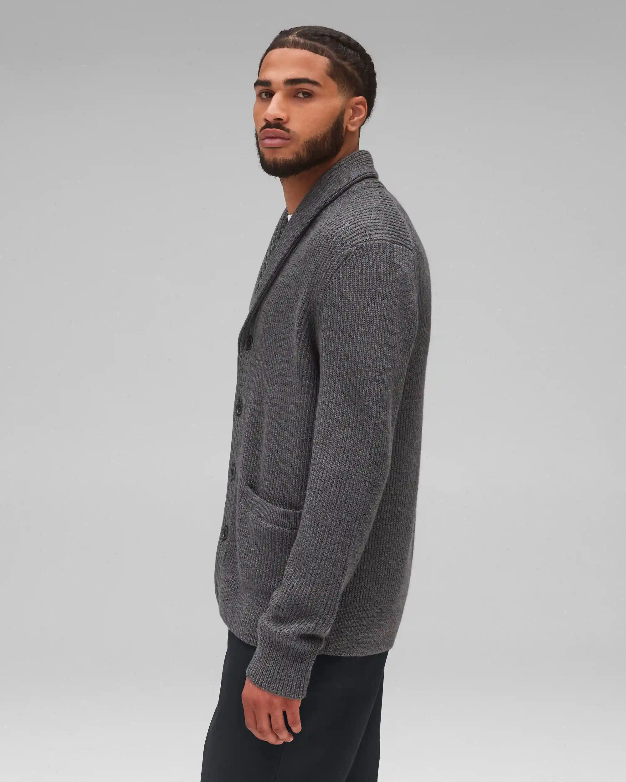 Reigning Champ Merino Rib Vinnie Shawl Cardigan, heather carbon - Image 10