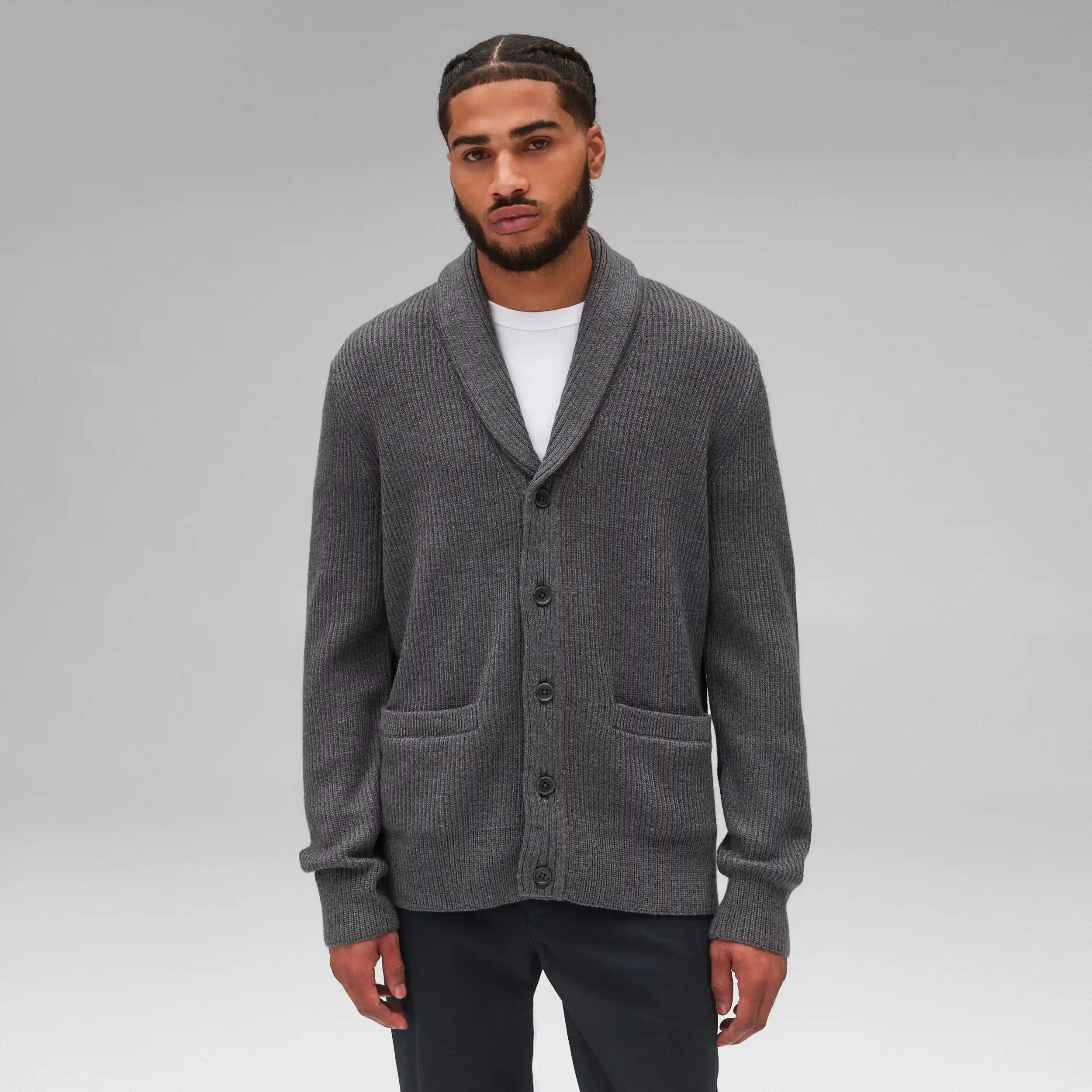 Reigning Champ Merino Rib Vinnie Shawl Cardigan, heather carbon - Image 2