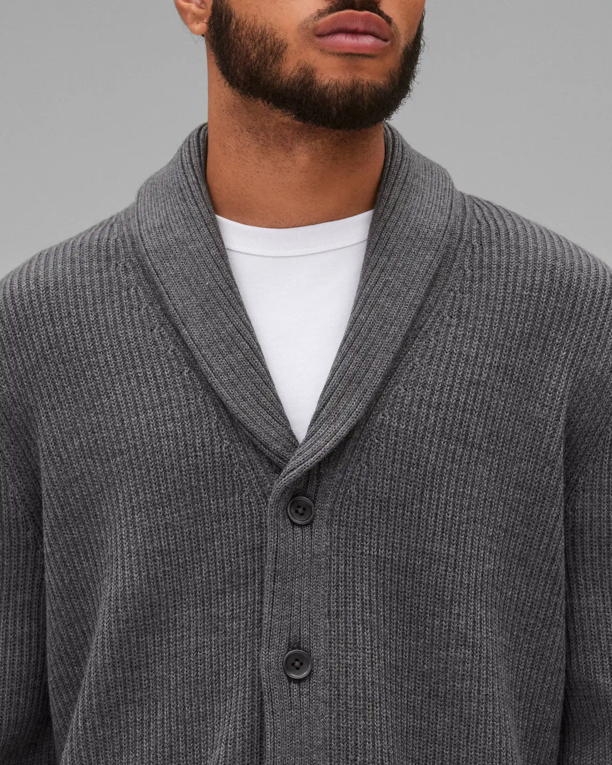 Reigning Champ Merino Rib Vinnie Shawl Cardigan, heather carbon - Image 3