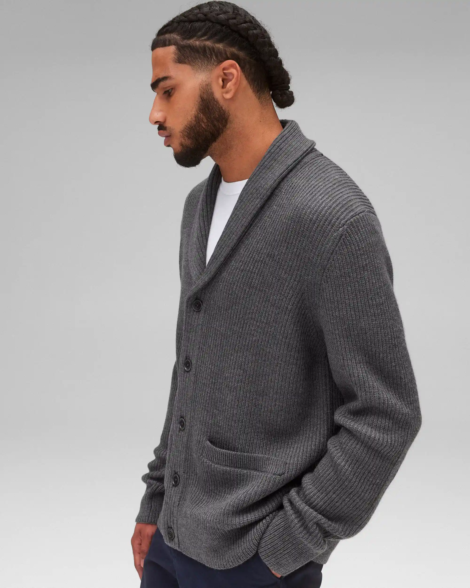 Reigning Champ Merino Rib Vinnie Shawl Cardigan, heather carbon - Image 5