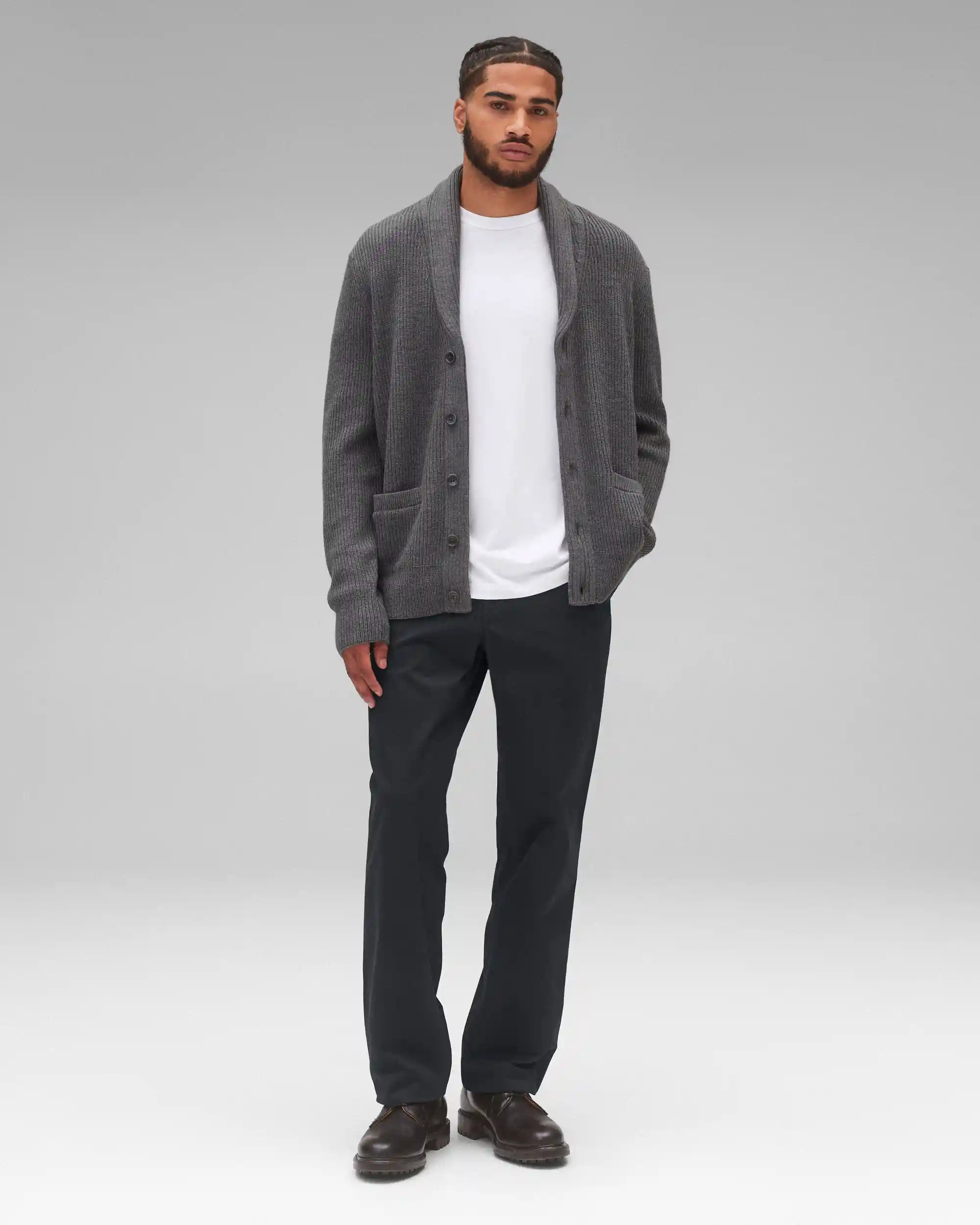 Reigning Champ Merino Rib Vinnie Shawl Cardigan, heather carbon - Image 9