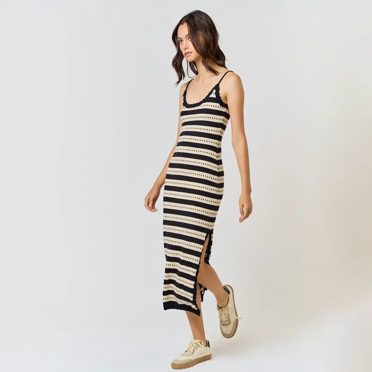 Womens Side Slit Sweater Midi Dress, natural/black stripe - Image 3