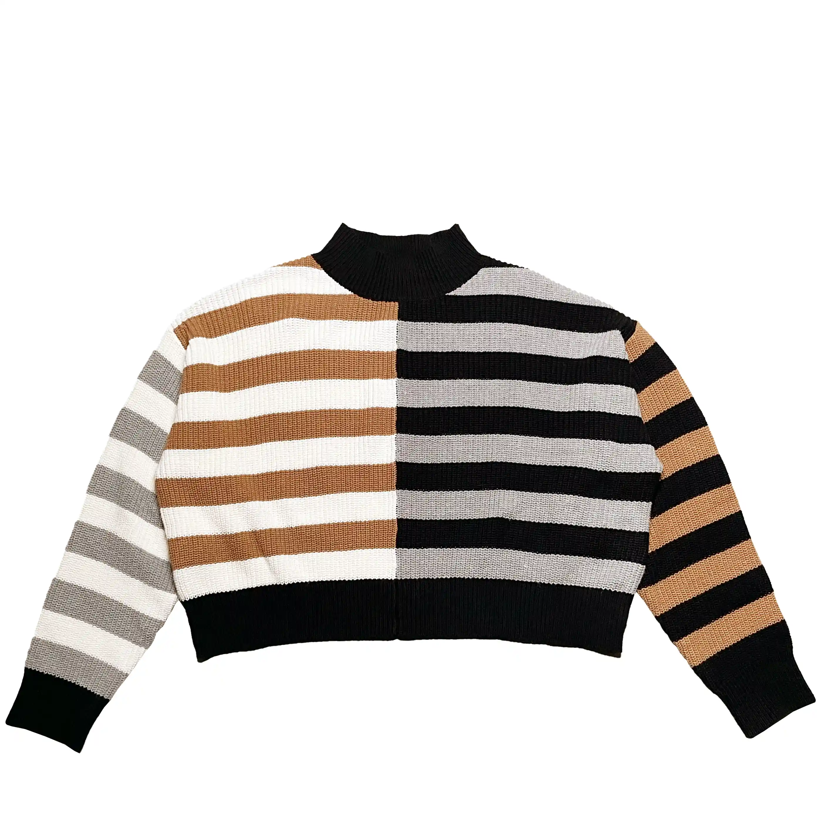 Stripe Color Block Contrast High Neck Sweater, black