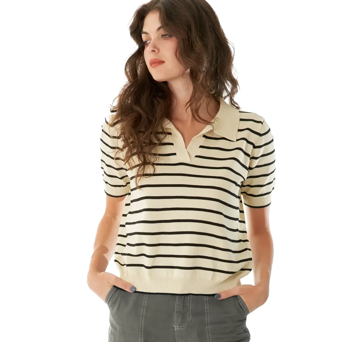 Womens Striped Collared Short Sleeve Knit Top, beige black