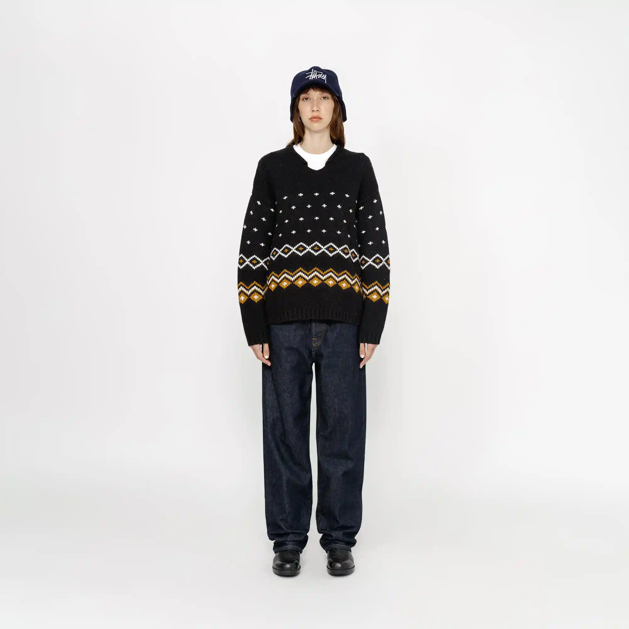 Stussy Roll V Neck Fairisle Sweater, charcoal - Image 3