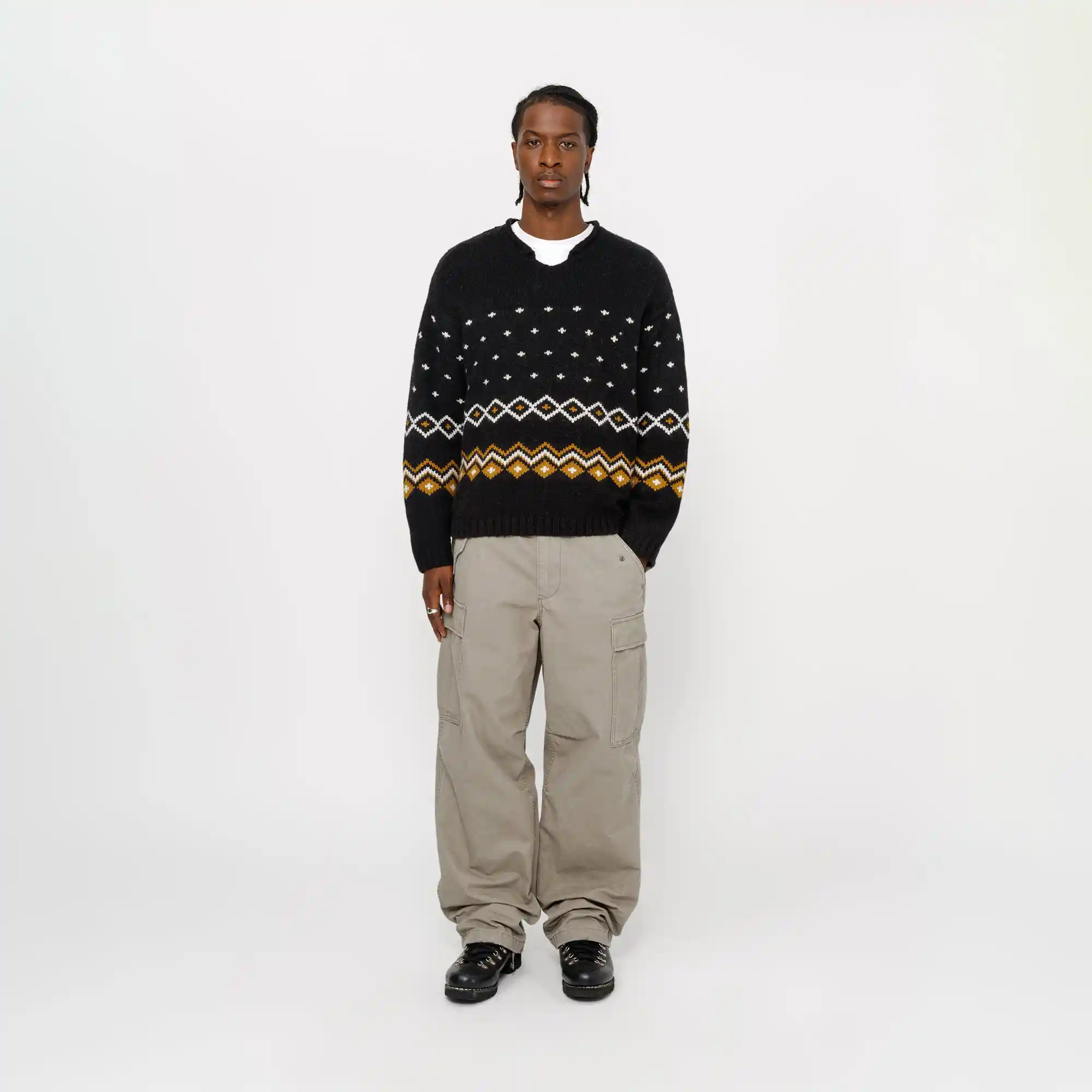Stussy Roll V Neck Fairisle Sweater, charcoal - Image 4