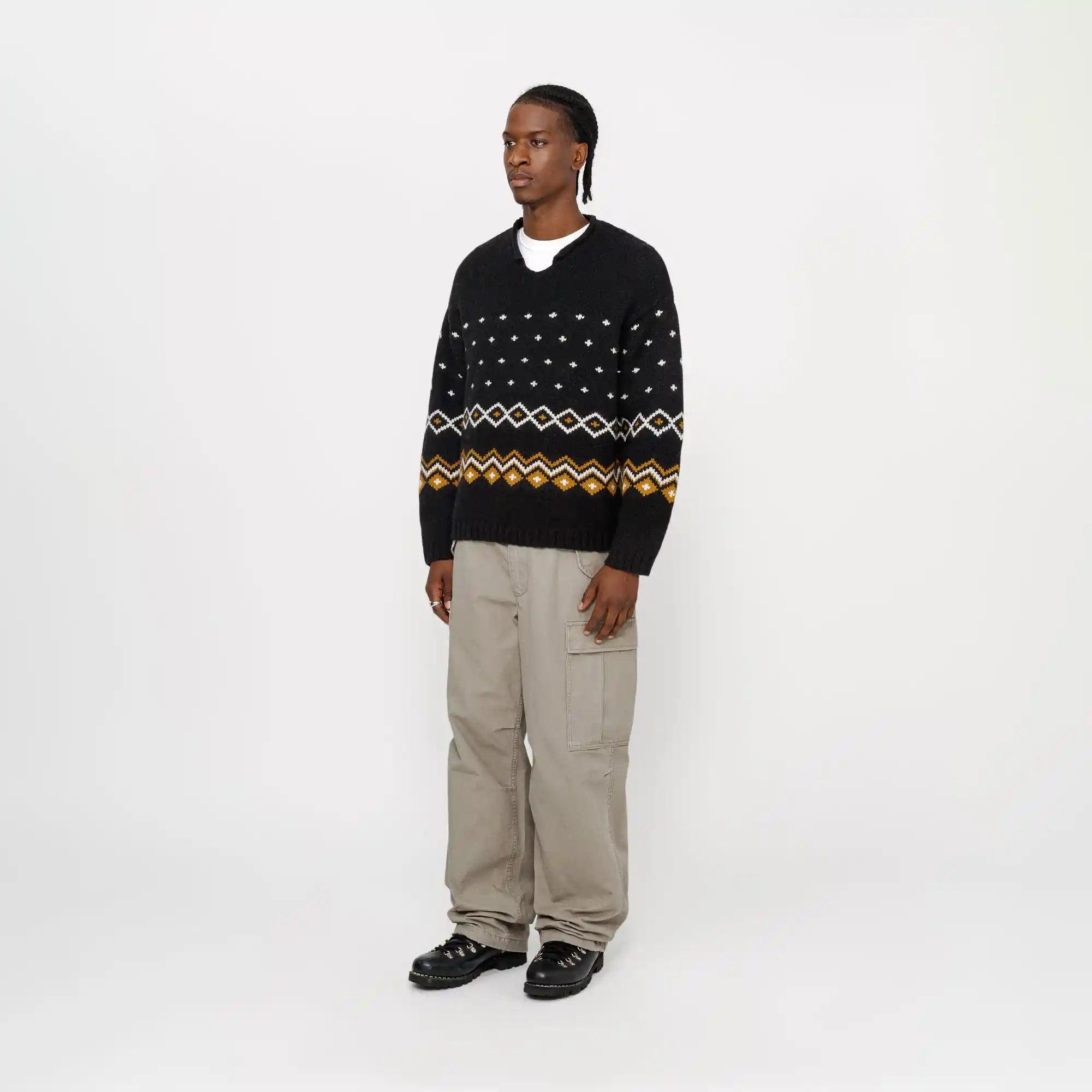 Stussy Roll V Neck Fairisle Sweater, charcoal - Image 6