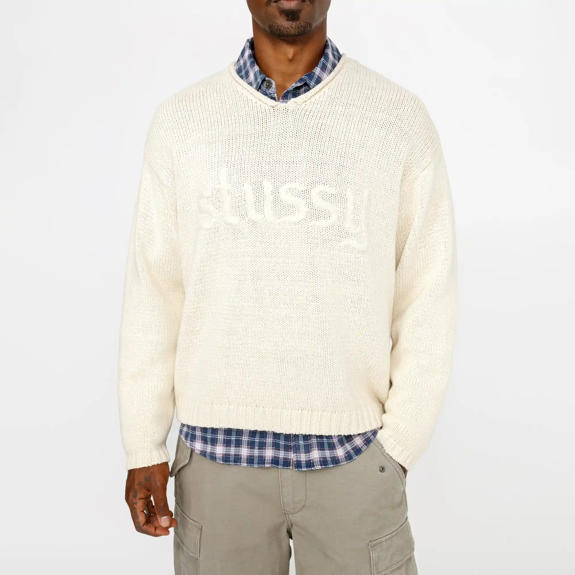 Stussy Roll V-Neck Logo Sweater, natural - Image 2