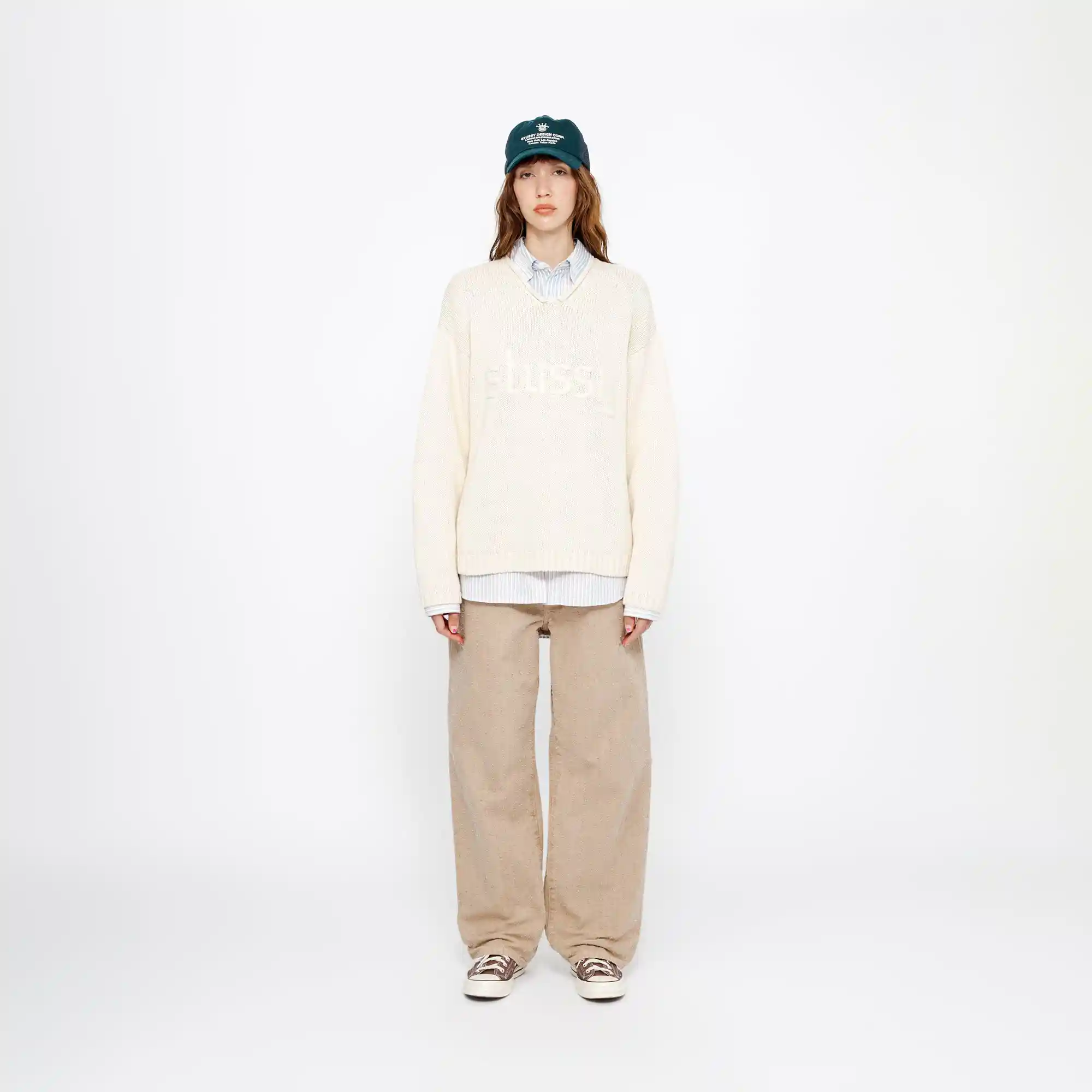 Stussy Roll V-Neck Logo Sweater, natural - Image 3