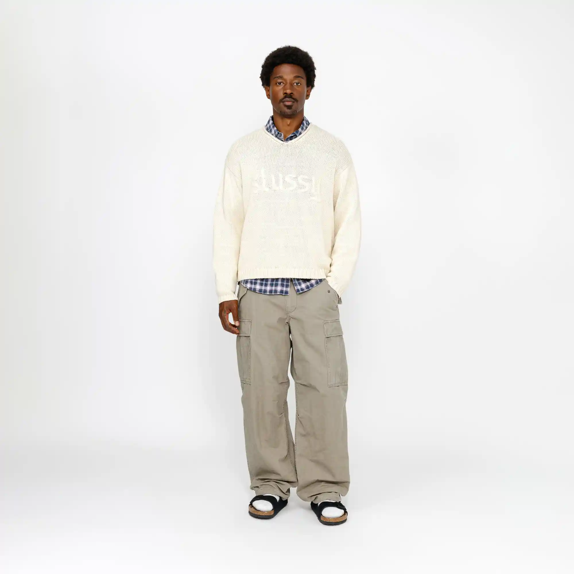 Stussy Roll V-Neck Logo Sweater, natural - Image 4