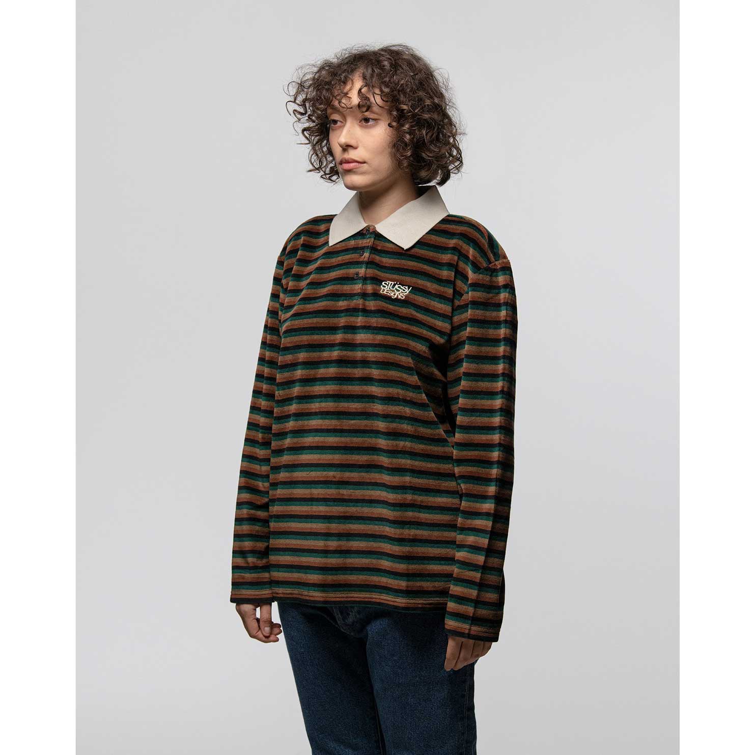 Stussy Womens Rosemary Velour Stripe L/S Polo - Image 3