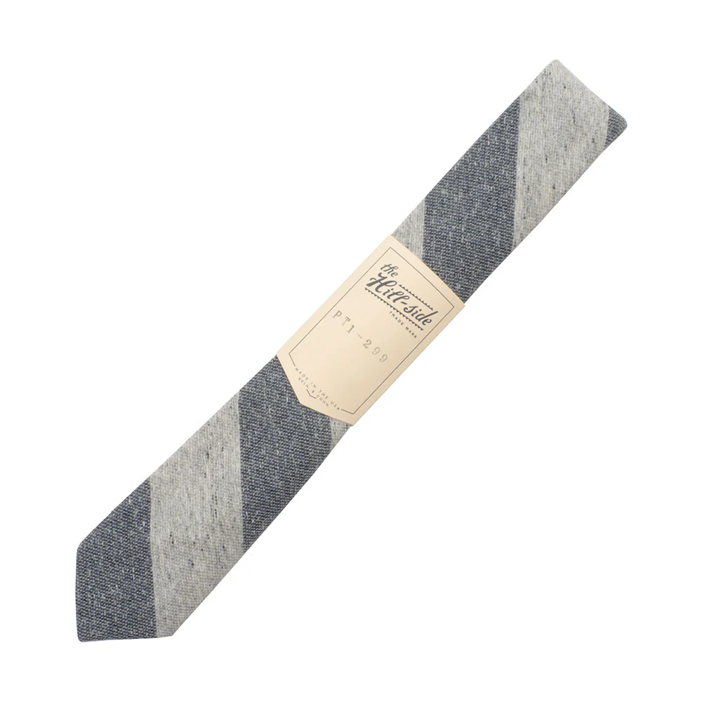 The Hill-side Cotton Blend Blanket Twill Pointed Tie, Grey/Navy Border Stripe