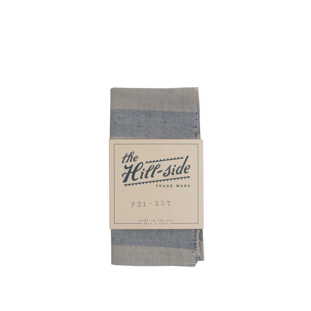 The Hill-side Natural Warp Border Stripe pocket square, navy/khaki awning