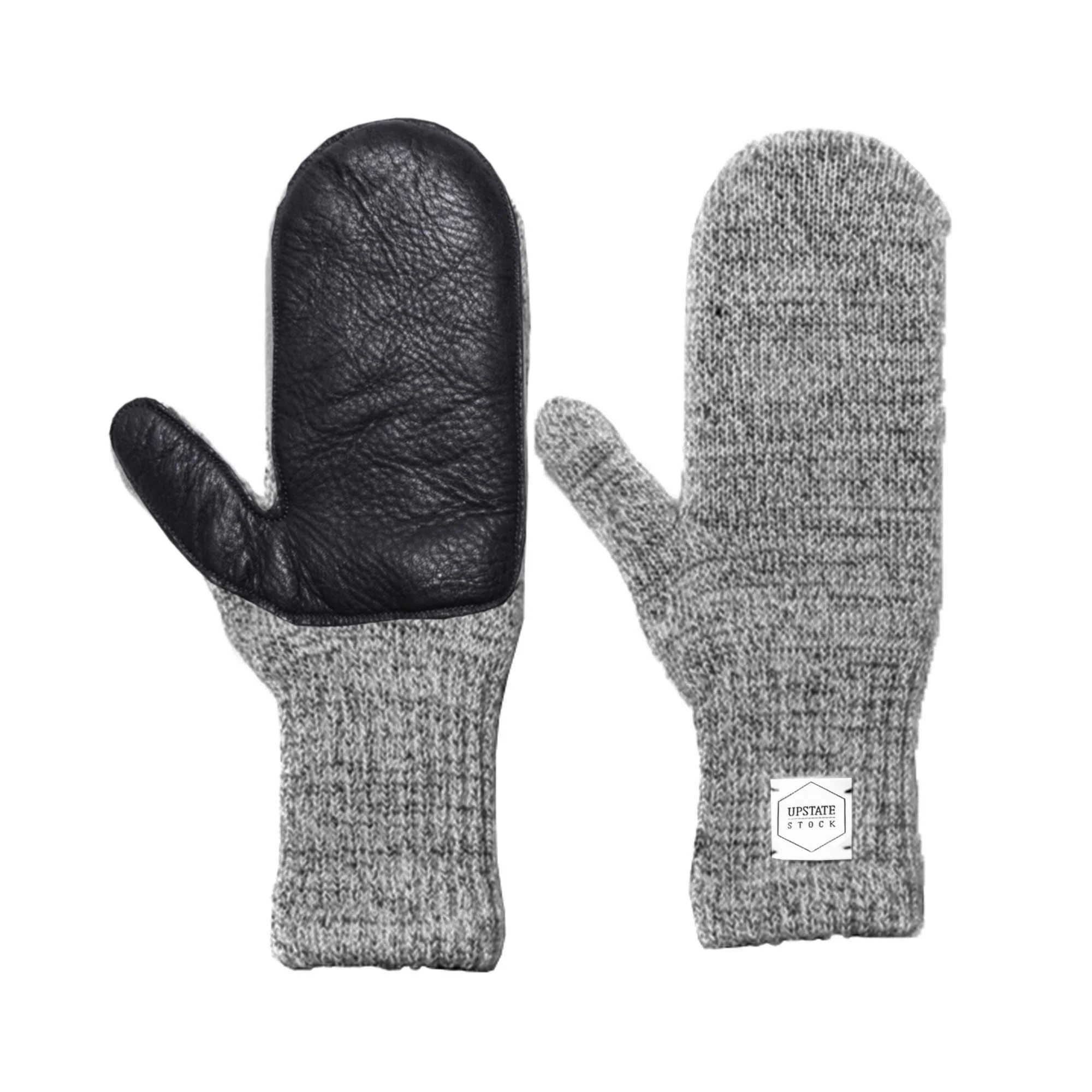 Upstate Stock Ragg Wool Mitten with Black Deer Skin, grey tweed