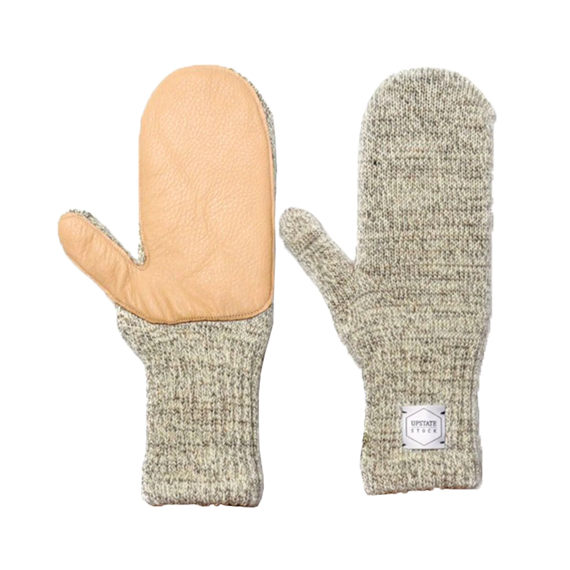 Upstate Stock Ragg Wool Mitten with Natural Deer Skin, Oatmeal Melange