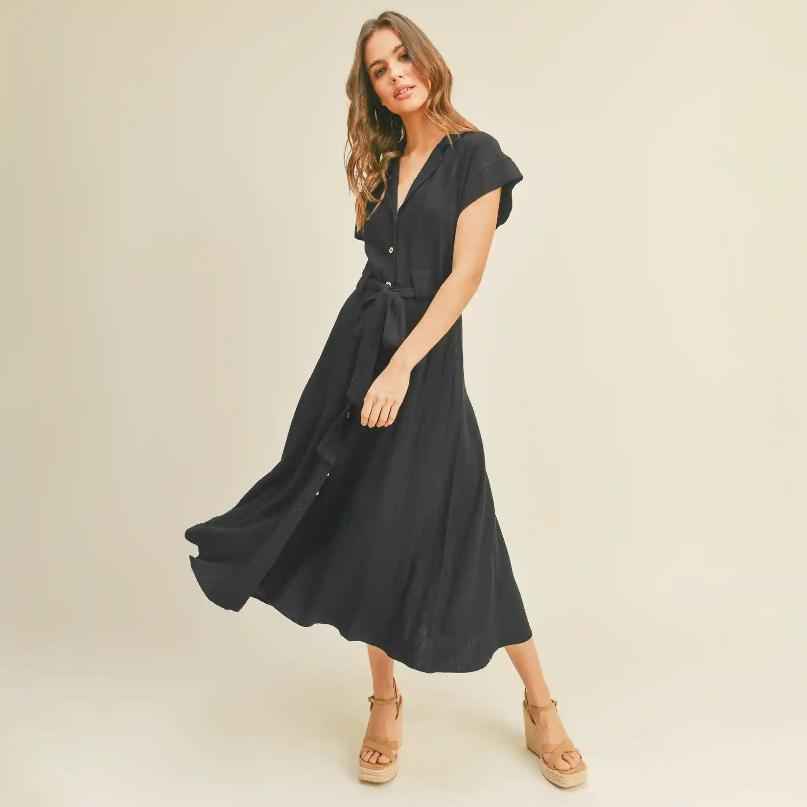Womens V-Neck Button Down A-Line Shirt Dress, black - Image 2