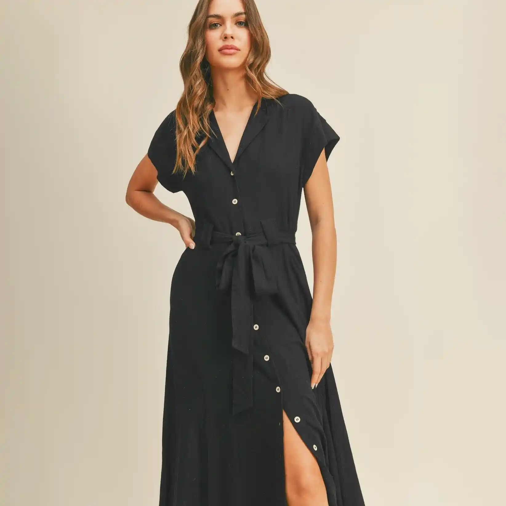 Womens V-Neck Button Down A-Line Shirt Dress, black - Image 3